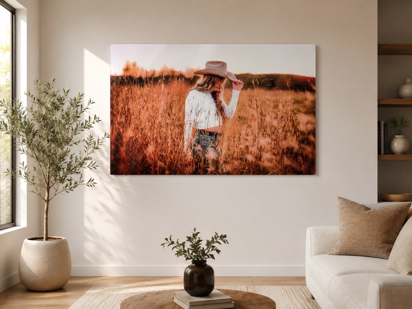 Large finished portrait artwork displayed in a warm living room